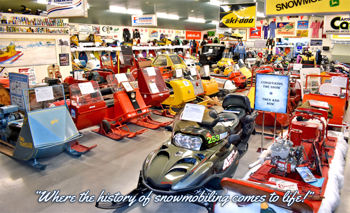 Snowmobile Museum sleds that are on display.
